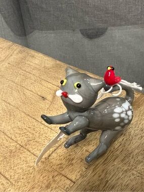 the Pier 1 "Unlikely Friends" Gray Cat and Red Cardinal Glass Figurine